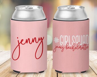 Bachelorette party can coolies | #girlsquad personalized beverage insulators | slim or regular can size bachelorette party favors MCC-075