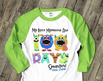 100 days Teacher shirt personalized monster teacher shirt 100 Days Smarter monsters -fun hundred day raglan shirt for teachers MSCL-015R