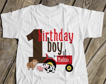 first 1st birthday boy farm old mcdonald theme tractor birthday party shirt perfectly adorable mbd-006