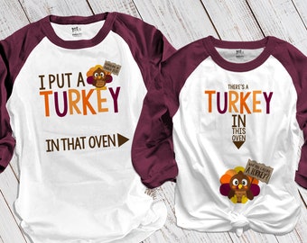 Daddy / mommy Thanksgiving set -  there's a turkey in this oven pregnancy announcement unisex adult raglan TWO shirt set 22SNLF-014-Set