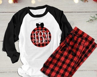 Monogram shirt and/or pajama pants for Christmas - buffalo plaid monogram pajama pants ornament monogram christmas family pajamas