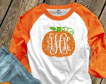 Pumpkin monogram glitter sparkly monogrammed pumpkin personalized teacher fall halloween shirt monogram unisex raglan shirt SNLF-050-ROL