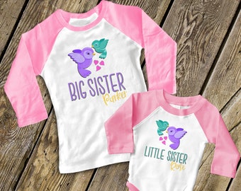 Big sister little sister whimsy bird matching raglan sleeve sibling set MWHB-002-Rset