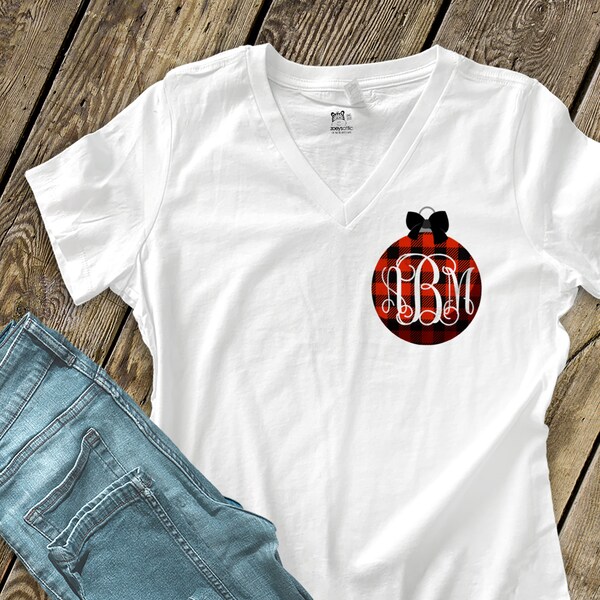Holiday shirt monogram red buffalo plaid Christmas ornament unisex or v-neck personalized Tshirt for women - Holidays and Christmas