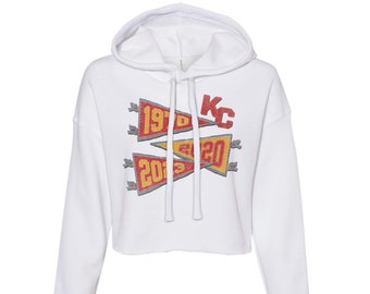 kansas city football crop sweatshirt | super bowl champions football chiefs | super bowl wins 1970 2020 2023 pennant crop hoodie sweatshirt