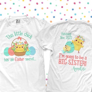 Easter big sister to be tshirt - easter chick and colored easter eggs big sister surprise pregnancy announcement shirt 22SNLE-033-FB