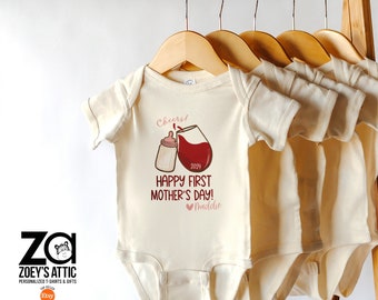 cheers first mother's day shirt from baby cute first mother's day gift from baby wine and bottle theme cheers to mom's big day from baby