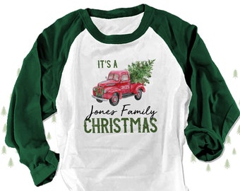 Christmas shirt | family christmas jammie shirt | vintage truck unisex adult raglan shirt | holiday raglan shirt  matching family christmas
