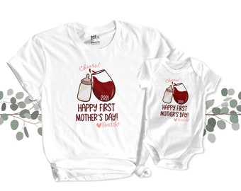 First Mothers Day shirt set wine mommy baby girl cheers shirt and bodysuit gift set - great gift for Mothers Day cheers wine 22MD-008-Set