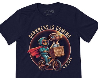 funny darkness is coming eclipse shirt featuring extra terrestrial characters et funny eclipse 2024 total solar eclipse shirts