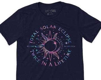 T-shirt éclipse totale de soleil deux fois dans sa vie T-shirt coloré céleste du 8 avril 2024 T-shirt éclipse totale du 8 avril 2024 les deux dates T-shirts mignons éclipse colorée