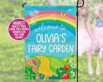 fairy garden flag welcome to our fairy garden personalized garden flag rainbows whimsical garden flag personalized custom fairy garden flag