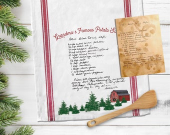 Christmas tea towel | custom handwritten recipe tea towel | barn fir trees keepsake recipe christmas towel | flour sack tea towel mtt-012