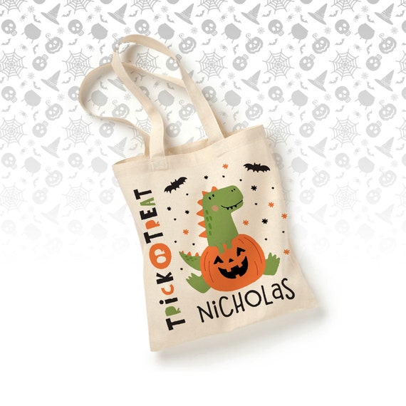 Halloween trick or treat bag | pumpkin dinosaur halloween bag | personalized tote bag perfect for your little ones halloween MBAG-073