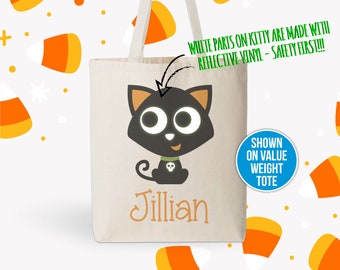 REFLECTIVE trick or treat bag - halloween candy bag - personalized kitty cat and name MBAG-014