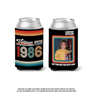 40th birthday photo slim or regular can coolie | personalized classic nostalgia can cooler | any age birthday party favor can cooler retro REG 12 oz can