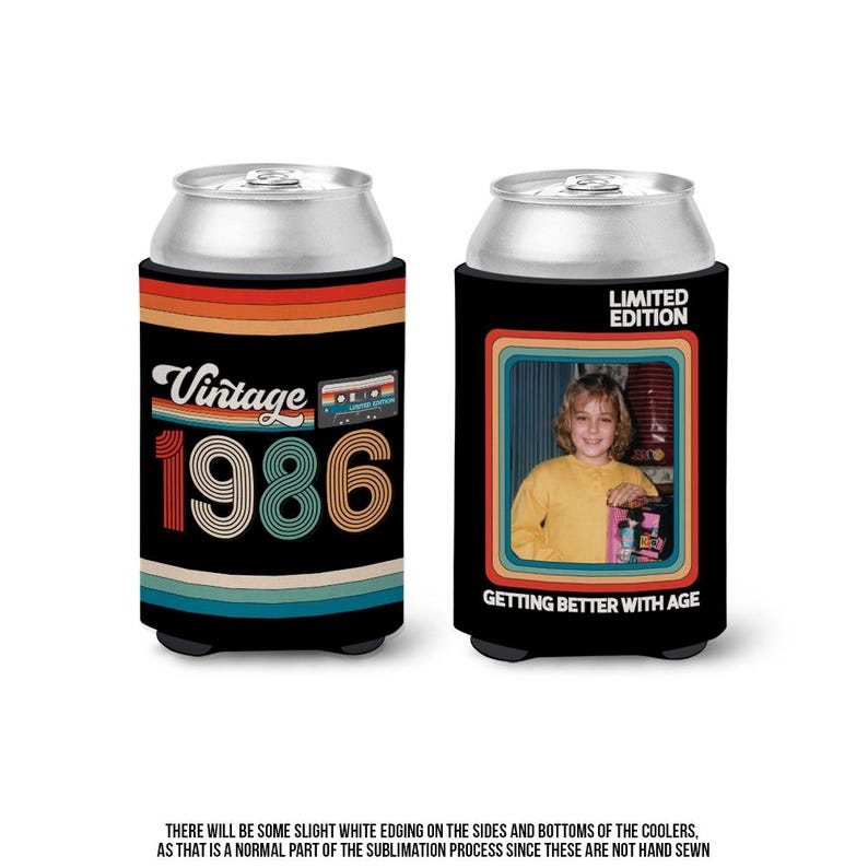 40th birthday photo slim or regular can coolie | personalized classic nostalgia can cooler | any age birthday party favor can cooler retro REG 12 oz can
