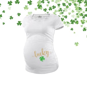 lucky maternity St. Patrick's Day shirt shamrock glitter womens non-maternity or maternity shirt -pregnancy announcement shirt MMAT-017-W