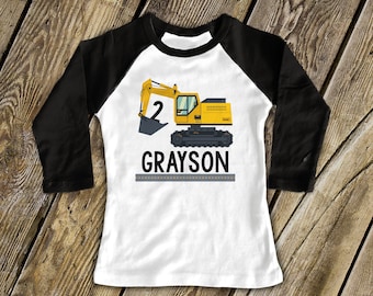 construction birthday shirt - excavator - personalized raglan style birthday boy (or girl) shirt 22BD-038-R