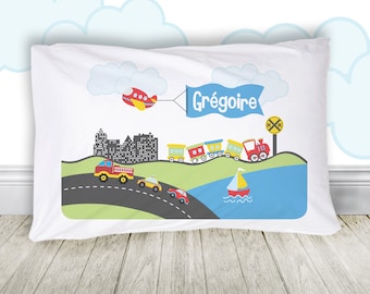 Transportation theme with train, plane, firetruck, cars, and sailboat pillowcase / pillow - personalized pillowcase birthday gift PIL-068