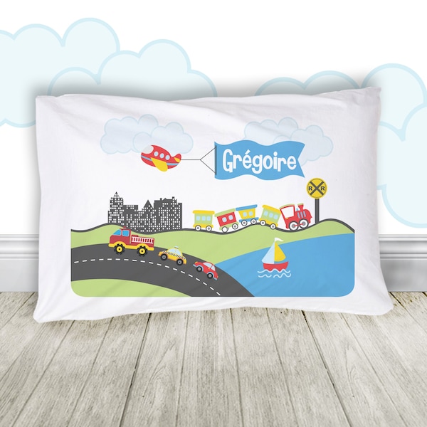 Transportation theme with train, plane, firetruck, cars, and sailboat pillowcase / pillow - personalized pillowcase birthday gift PIL-068