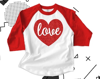 Valentine shirt love sparkly red heart GIRLS raglan shirt - fun red glitter or red foil vinyl Valentine's Day shirt SNLV-011-RRedYouth