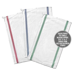 May include: Three white tea towels with red, blue, and green stripes. The towels measure approximately 25.5 inches by 15.5 inches.