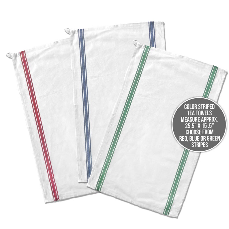 May include: Three white tea towels with red, blue, and green stripes. The towels measure approximately 25.5 inches by 15.5 inches.