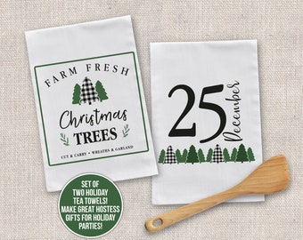 farmhouse Christmas tea towel set | christmas tree farm flour sack dish towel december 25 towel kitchen towel set of two mhtt-005-set