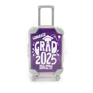 May include: A purple suitcase with a white graduation cap and the text "Congrats! Grad 2025 Real World Survival Kit" printed on it.
