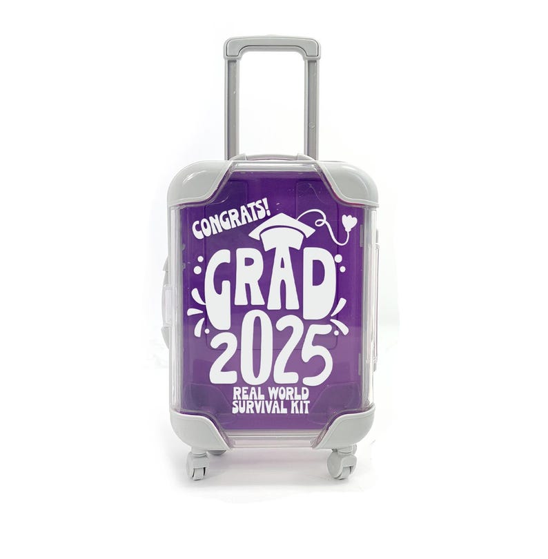 May include: A purple suitcase with a white graduation cap and the text "Congrats! Grad 2025 Real World Survival Kit" printed on it.
