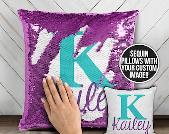 Personalized monogram sequin pillow | reversible sequin mermaid pillowcase | custom initial and name decorative sequin pillow  pil-051sq