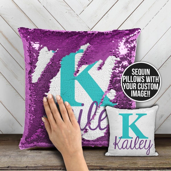 Personalized monogram sequin pillow | reversible sequin mermaid pillowcase | custom initial and name decorative sequin pillow  pil-051sq