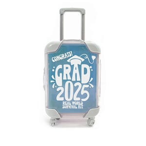 May include: A small blue suitcase with a white graduation cap and the text "Congrats! Grad 2025 Real World Survival Kit" printed on the front.