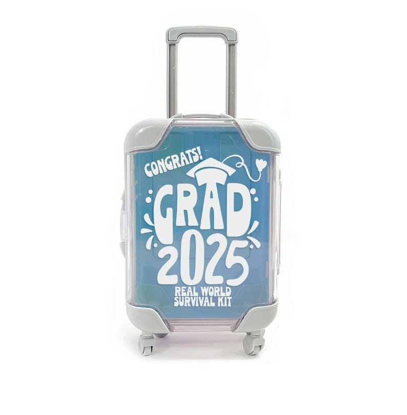 May include: A small blue suitcase with a white graduation cap and the text "Congrats! Grad 2025 Real World Survival Kit" printed on the front.