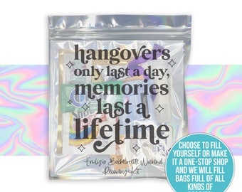 Hangover recovery kit memories last a lifetime bachelorette party favor iridescent bag hangovers only last a day funny recovery kit  bag