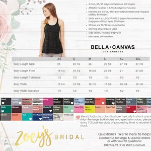 以下が含まれることがあります： Bella + Canvas のゆったりとしたタンクトップのサイズチャートで、XS、S、M、L、XL、2XL のサイズに対応するインチ単位の寸法が示されています。チャートには、背中の着丈、前の着丈、着丈の許容範囲、体の幅、体の幅の許容範囲の寸法が含まれています。チャートは、ピンクの花が咲いた木製の背景の上にあります。