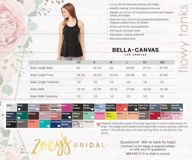以下が含まれることがあります： Bella + Canvas のゆったりとしたタンクトップのサイズチャートで、XS、S、M、L、XL、2XL のサイズに対応するインチ単位の寸法が示されています。チャートには、背中の着丈、前の着丈、着丈の許容範囲、体の幅、体の幅の許容範囲の寸法が含まれています。チャートは、ピンクの花が咲いた木製の背景の上にあります。