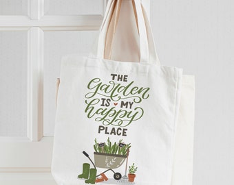 the garden is my happy place tote bag | gardening linen textured bag | mothers day or birthday gift tote bag for gardener sub-bag-010
