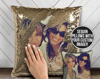 Family photo sequin pillow | custom image reversible sequin mermaid pillowcase | mothers day or birthday decorative pillow gift  MSPC-015