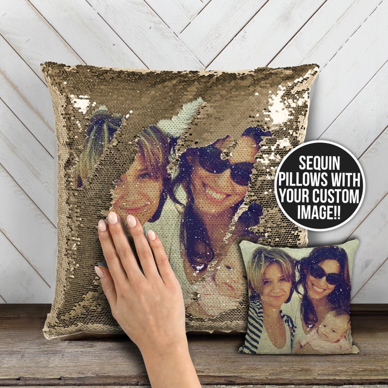 Family photo sequin pillow custom image reversible sequin mermaid pillowcase mothers day or birthday decorative pillow gift MSPC-015 image 1