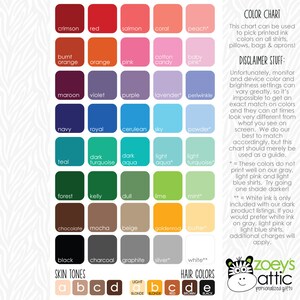 May include: Color chart with a grid of 36 color swatches, including red, blue, green, yellow, orange, purple, pink, and brown. The chart is labeled "Color Chart" and includes a disclaimer about monitor and device color settings. The chart is also labeled "Skin Tones" and "Hair Colors" with swatches for different skin tones and hair colors. The chart is from Zoey's Attic, a company that makes personalized gifts.