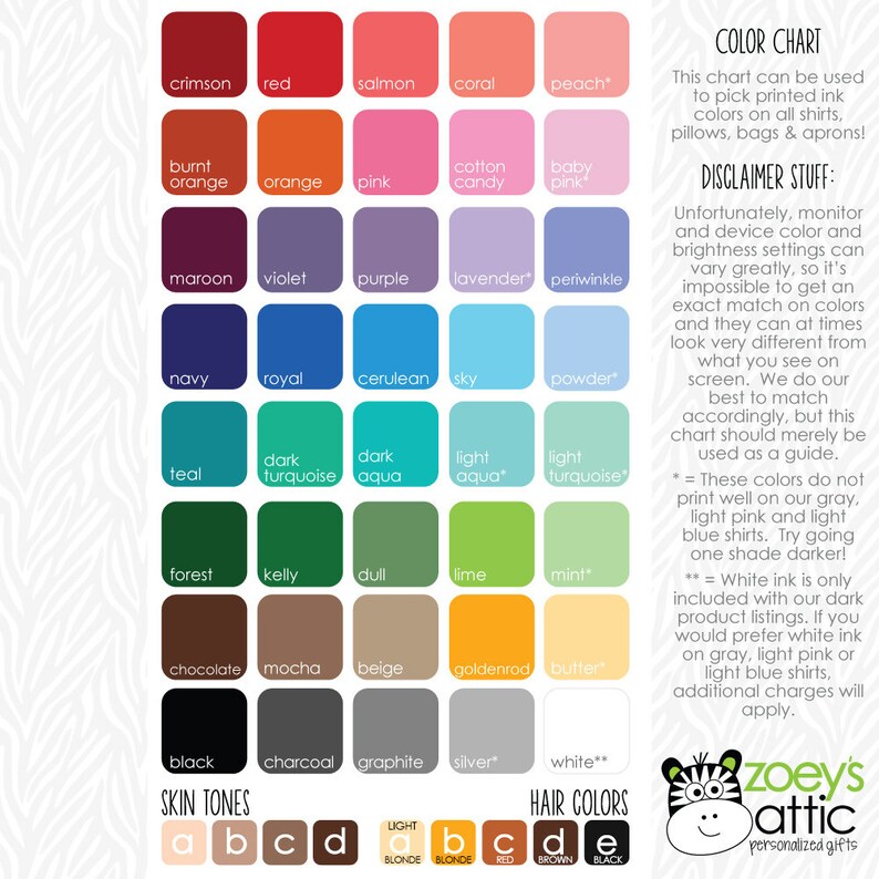 May include: Color chart with a grid of 36 color swatches, including red, blue, green, yellow, orange, purple, pink, and brown. The chart is labeled "Color Chart" and includes a disclaimer about monitor and device color settings. The chart is also labeled "Skin Tones" and "Hair Colors" with swatches for different skin tones and hair colors. The chart is from Zoey's Attic, a company that makes personalized gifts.