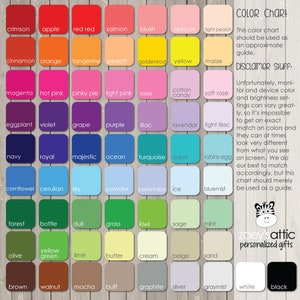 May include: A color chart with a variety of hues, including crimson, navy, and forest. Each color is labeled with its name. The chart also includes a disclaimer about color accuracy and the shop's logo.
