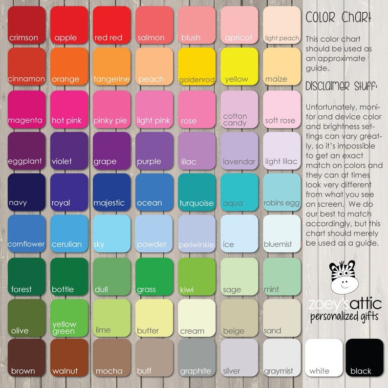May include: A color chart with a variety of hues, including crimson, navy, and forest. Each color is labeled with its name. The chart also includes a disclaimer about color accuracy and the shop's logo.