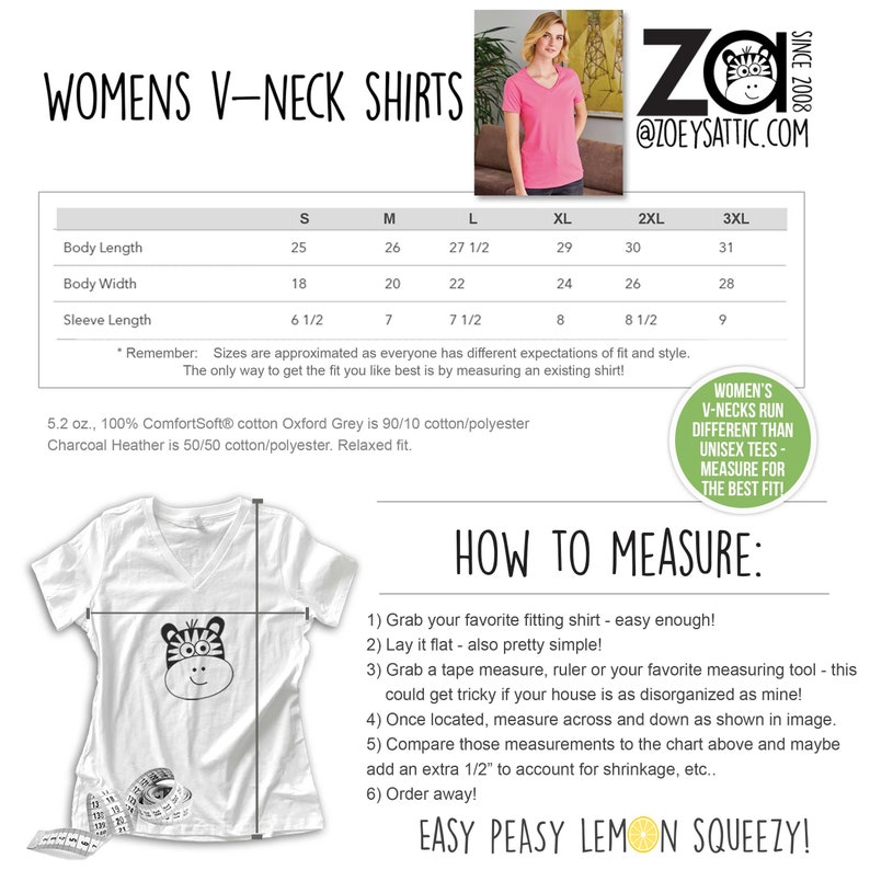 K&ouml;nnte beinhalten: Eine Gr&ouml;&szlig;entabelle f&uuml;r Damen-V-Ausschnitt-Shirts mit Ma&szlig;en in Zoll. Die Tabelle enth&auml;lt K&ouml;rperl&auml;nge, K&ouml;rperbreite und &Auml;rmell&auml;nge. Der Text "Denken Sie daran: Die Gr&ouml;&szlig;en sind ann&auml;hernd, da jeder unterschiedliche Erwartungen an Passform und Stil hat. Der einzige Weg, um die Passform zu erhalten, die Ihnen am besten gef&auml;llt, ist, ein vorhandenes Shirt zu messen!" ist enthalten. Der Text "Damen-V-Ausschnitte sind anders als Unisex-T-Shirts - Messen Sie f&uuml;r die beste Passform!" ist ebenfalls enthalten. Der Text "So messen Sie" ist enthalten mit Anweisungen, wie man ein Shirt misst.