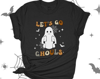 Let's Go Ghouls ghost retro groovy halloween shirts retro groovy text Let's Go Ghouls halloween DARK shirts 23FH-002-D