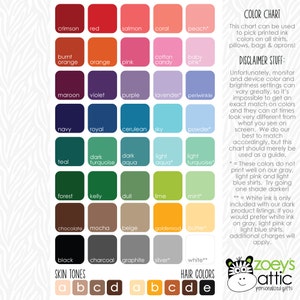 Pu&ograve; includere: Tabella colori con varie tinte per articoli personalizzati come magliette e borse. Include un disclaimer sulle variazioni di colore. Con opzioni di tonalit&agrave; della pelle e colore dei capelli e il logo Zoey's Attic.