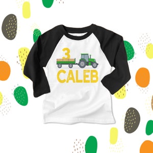 Tractor 3rd birthday shirt | third birthday farm raglan shirt | green yellow tractor plow | personalized any age raglan birthday 22BD-006-R