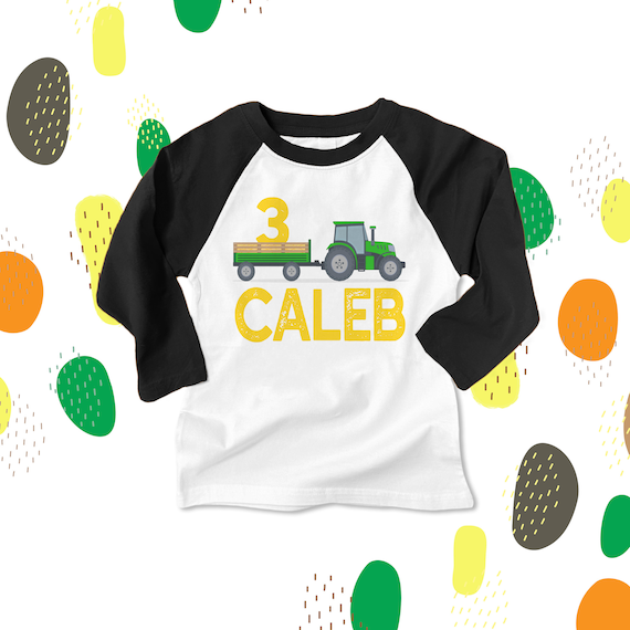 Tractor 3rd birthday shirt | third birthday farm raglan shirt | green yellow tractor plow | personalized any age raglan birthday 22BD-006-R